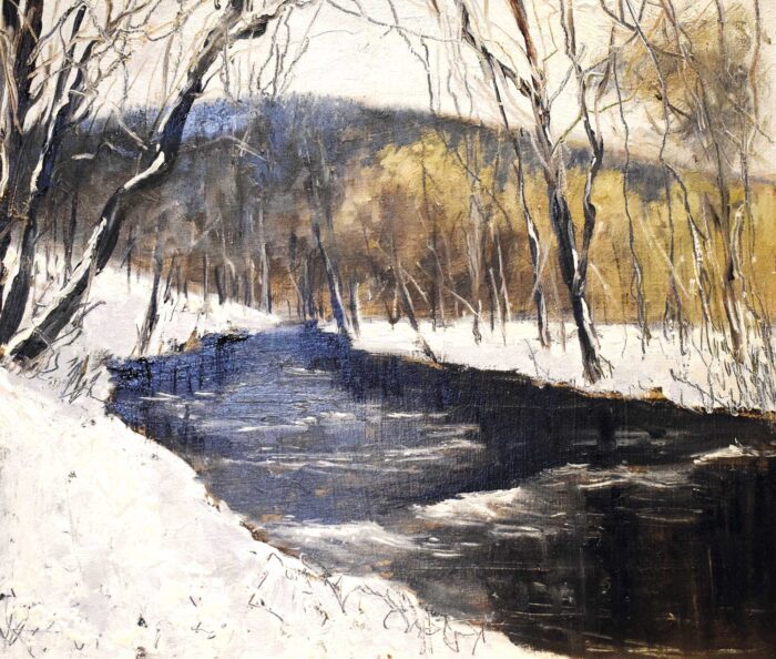 Snow Covered River Dart.   Paintings by Caroline McMillan Davey. Oil on board.