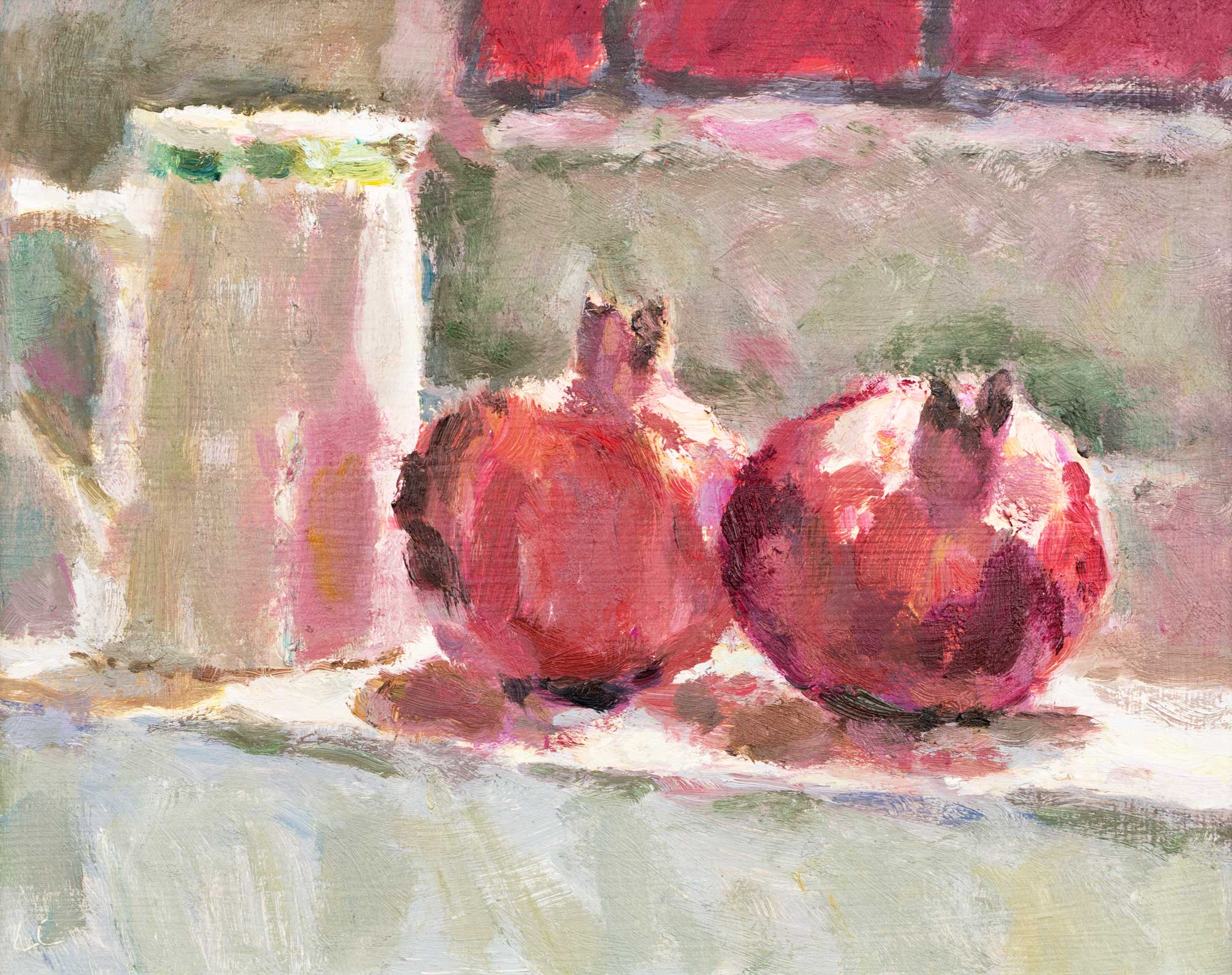 Pomegranates With A Jug.   Paintings by Lynne Cartlidge. Oil on board.