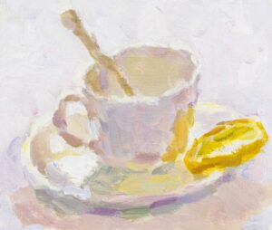 Teacup & Lemon Slice.   Paintings by Lynne Cartlidge. Oil on board.
