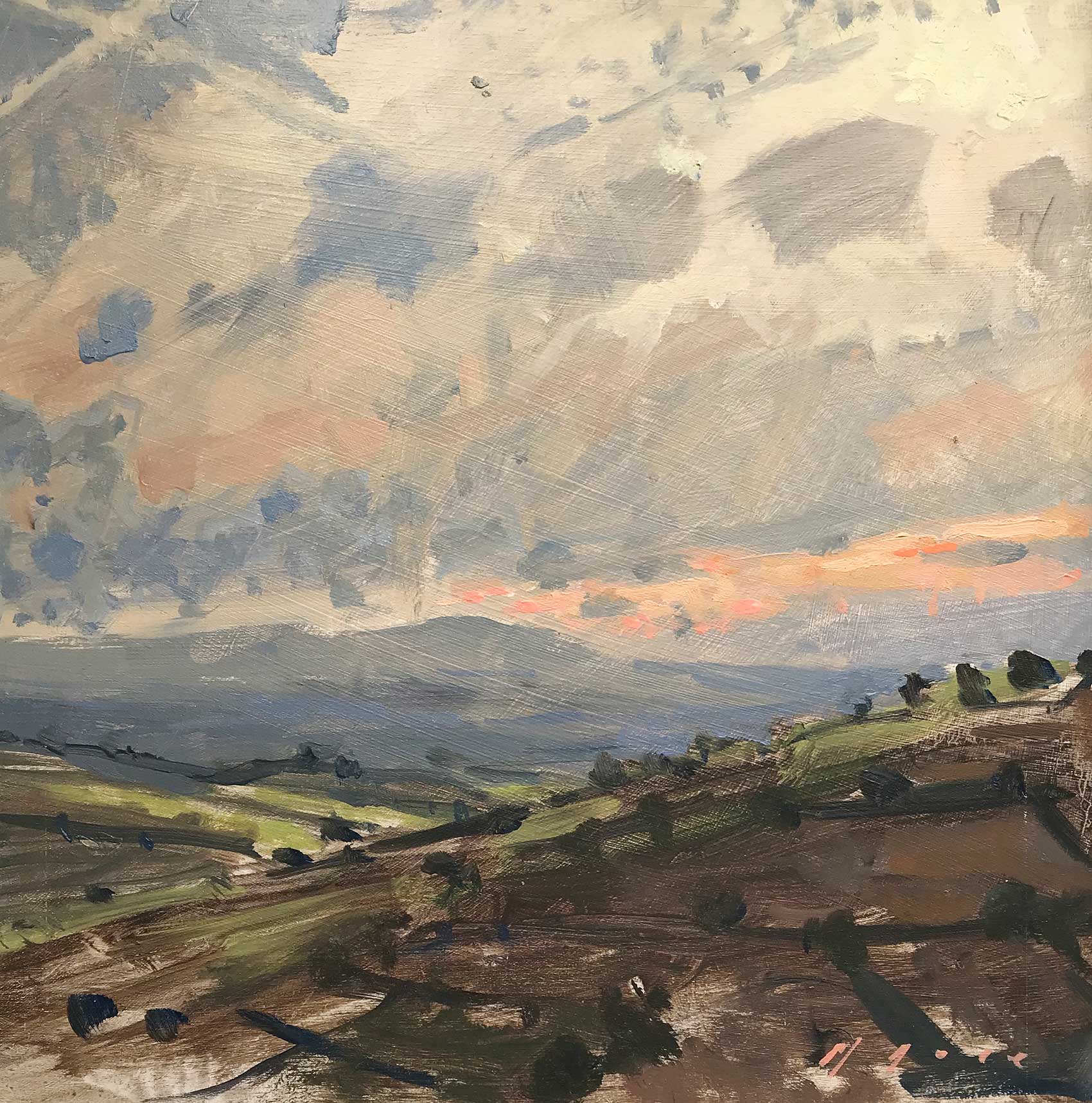Sunset Towards Dartmoor.   Paintings by Maria Rose. Oil on board.