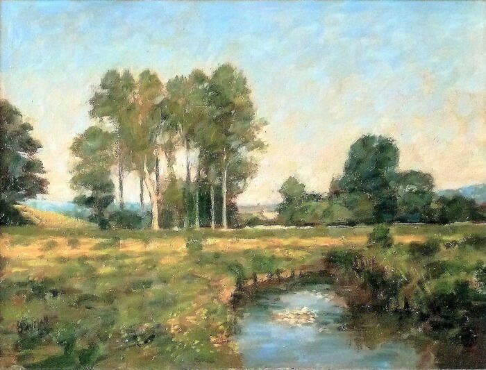 Watermeadows, Stratton Mill, Dorset.   Paintings by Michael Bowman. Oil on canvas.