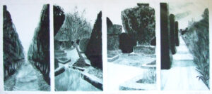 Gardens at Hazelbury Manor.   Prints by Susan Deakin. Drypoint.