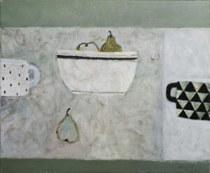 Pears & Geometric Cup.   Paintings by Sarah Bowman. Oil on canvas.