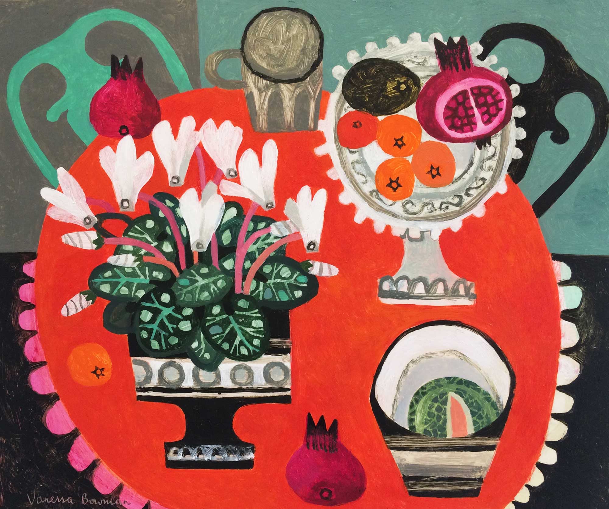 White Cyclamen on Red Cloth.   Paintings by Vanessa Bowman. Oil on card.