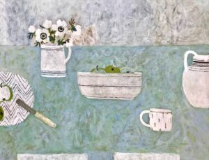 Anemones, Zig Zag Plate.   Paintings by Sarah Bowman. Oil on canvas.