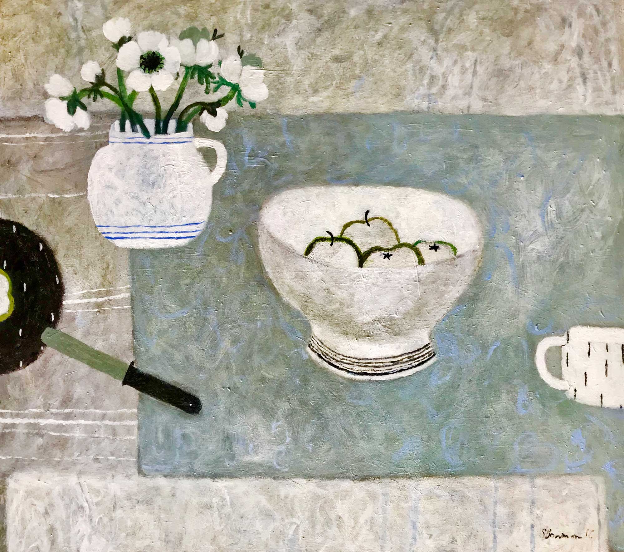 White Anemones and Apple Bowl.   Paintings by Sarah Bowman. Oil on canvas.