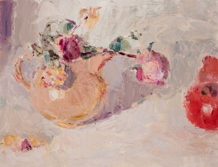 Faded Roses & Pomegranates.   Paintings by Lynne Cartlidge. Oil on board.
