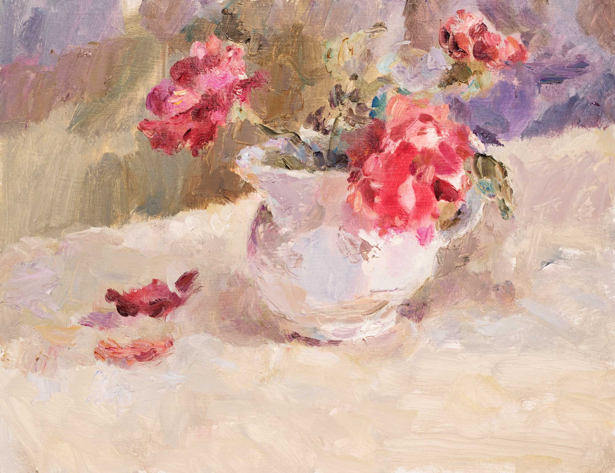 Late Autumn Roses in a White Jug.   Paintings by Lynne Cartlidge. Oil on board.