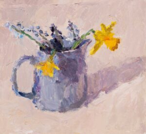 Spring Flowers in Blue Jug.   Paintings by Lynne Cartlidge. Oil on board.