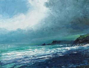 Rain, Bigbury Bay.   Paintings by David Morgan. Oil on board.