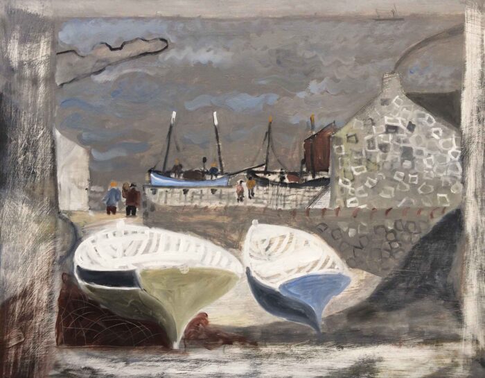 Boats Against a Stone Wall.   Paintings by Melvyn Evans. Oil on gesso board.
