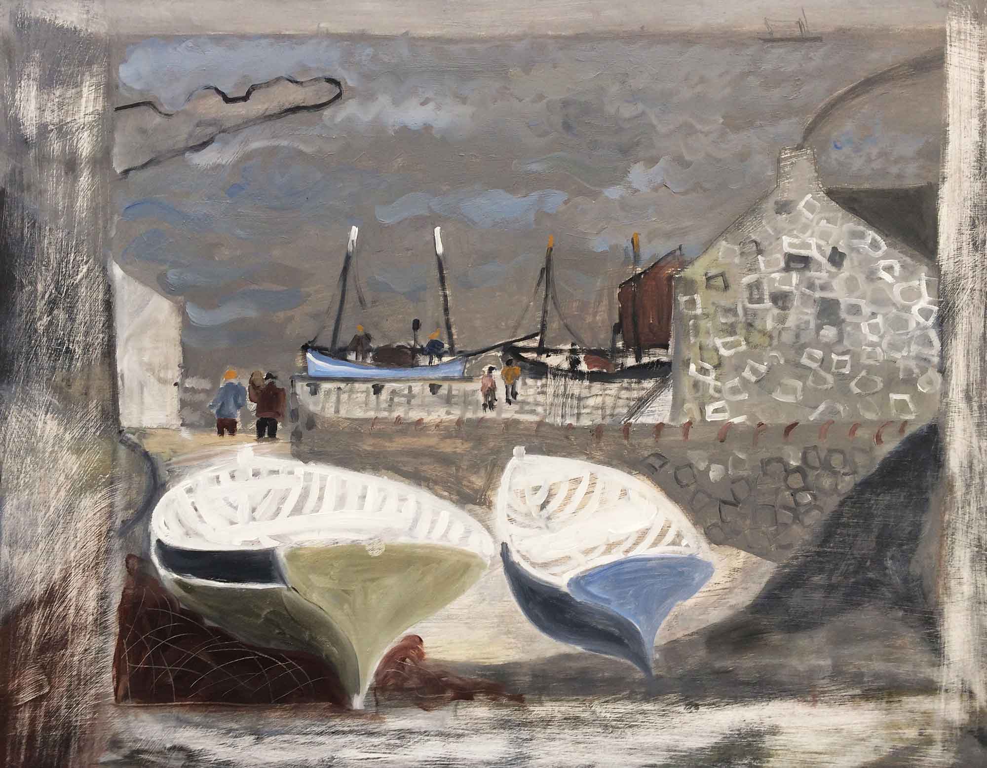 Boats Against a Stone Wall.   Paintings by Melvyn Evans. Oil on gesso board.
