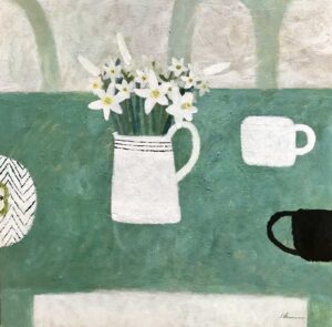 Paper Whites, Green Table.   Paintings by Sarah Bowman. Oil on canvas.