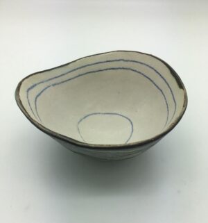 Bowl with blue circles.   Ceramics by Sue Mundy. Stoneware.