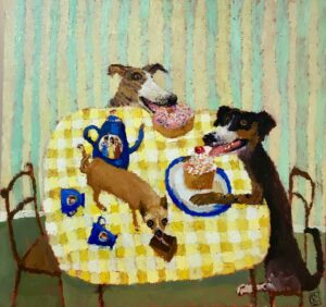 The Three Disgraces.   Paintings by Vanessa Cooper. Oil on board.