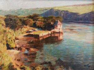 Boat House, Bantham.   Paintings by Michael Bowman. Oil on board.