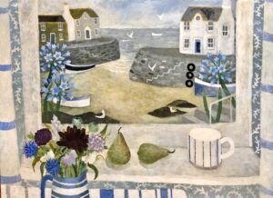 Agapanthus & Pears.   Paintings by Sarah Bowman. Oil on board.