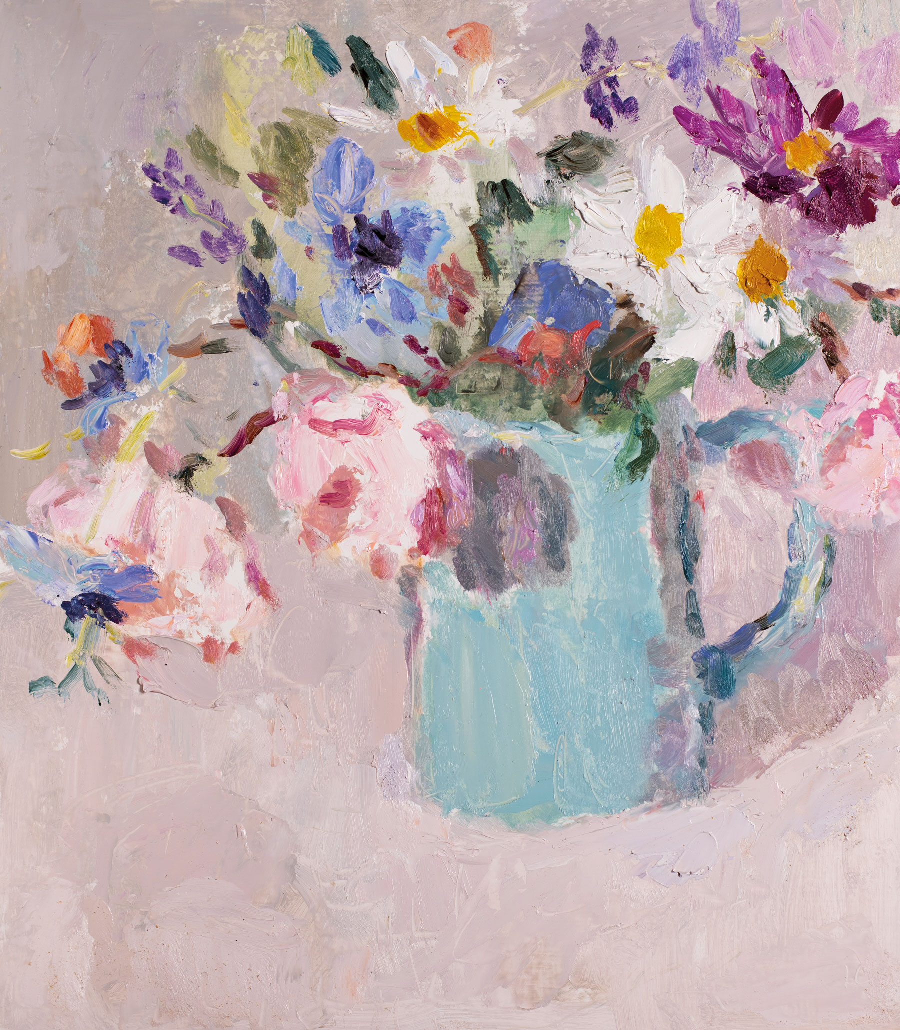 Allotment Flowers in a Turquoise Jug.   Paintings by Lynne Cartlidge. Oil on board.