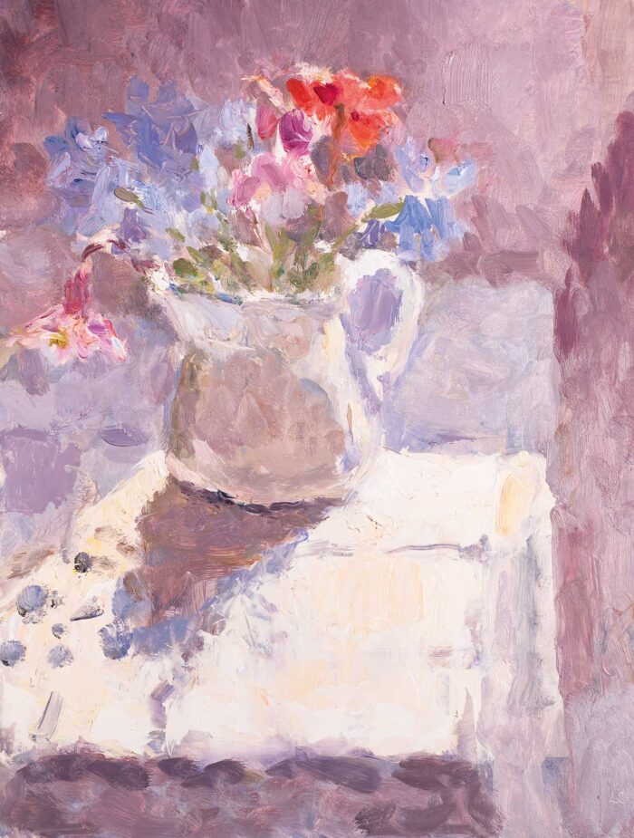 Anemone, Bluebells and Aquilegia.   Paintings by Lynne Cartlidge. Oil on board.