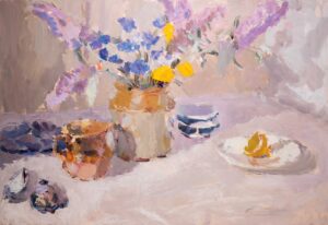 Buddleia, Cornflowers & Marigolds.   Paintings by Lynne Cartlidge. Oil on board.