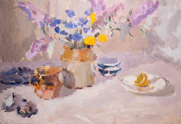 Buddleia, Cornflowers & Marigolds.   Paintings by Lynne Cartlidge. Oil on board.