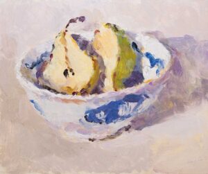 Pear Halves in a Chinese Bowl II.   Paintings by Lynne Cartlidge. Oil on board.