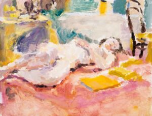 Reclining Woman with a Yellow Book.   Paintings by Lynne Cartlidge. Oil on board.