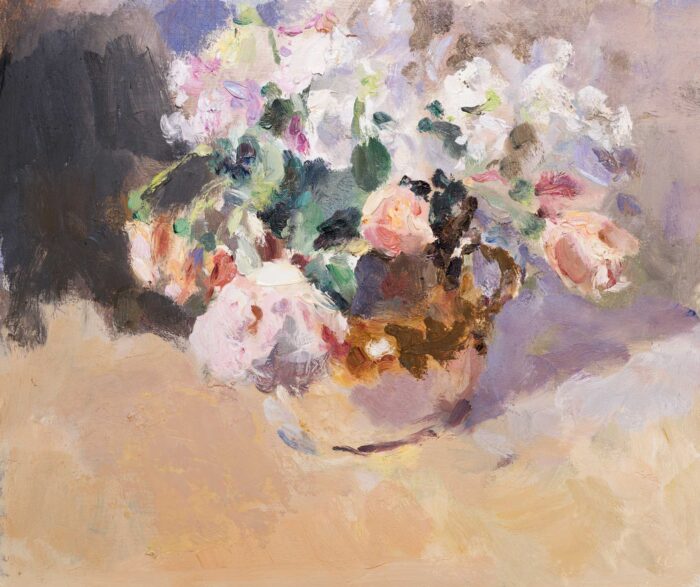 Roses & Sweetpeas in an Earthenware Jug.   Paintings by Lynne Cartlidge. Oil on board.