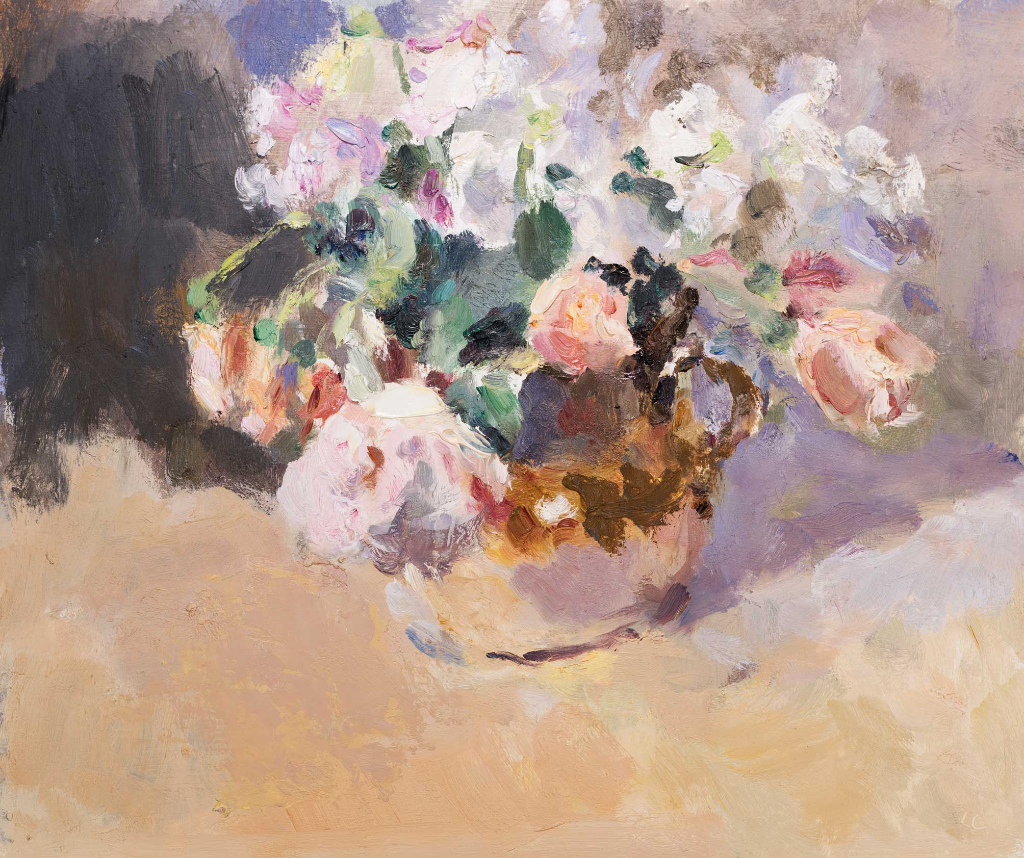 Roses & Sweetpeas in an Earthenware Jug.   Paintings by Lynne Cartlidge. Oil on board.