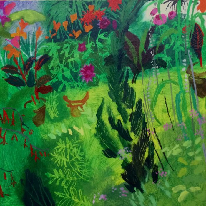 At the Top of the Garden.   Paintings by Mark Rochester. Acrylic on board.