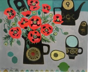 Birdseye Poppies in Black Jug.   Paintings by Vanessa Bowman. Oil on card.
