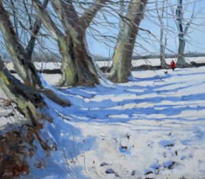 Sunny Winter Walk.   Paintings by Caroline McMillan Davey. Oil on board.