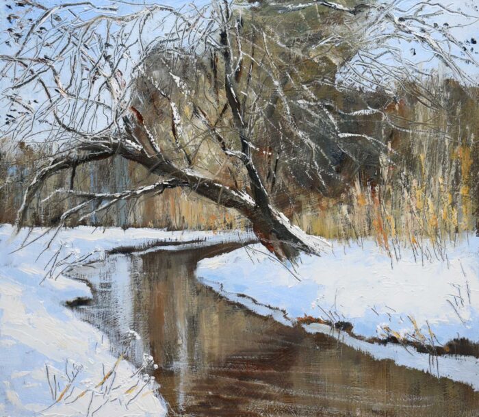 Snow on the River Bank.   Paintings by Caroline McMillan Davey. Oil on board.