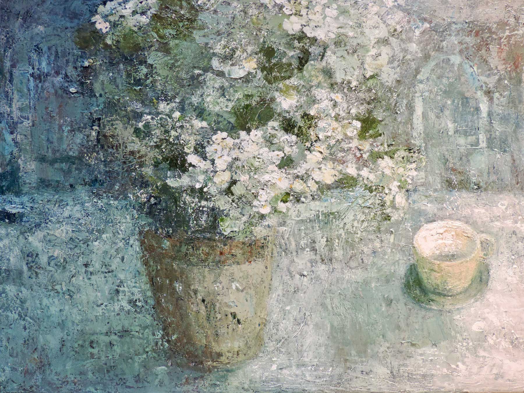 Potted Plant & Cup.   Paintings by Ellen Watson. Mixed media on canvas.