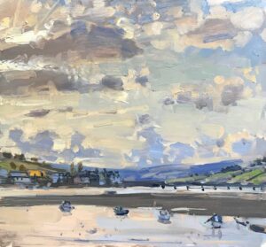 Teign Estuary Towards Dartmoor.   Paintings by Maria Rose. Oil on board.