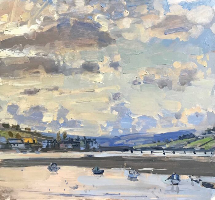 Teign Estuary Towards Dartmoor.   Paintings by Maria Rose. Oil on board.