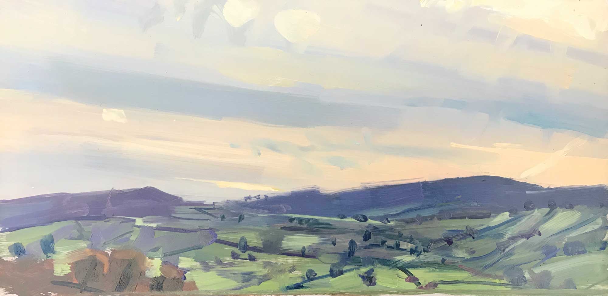 Teign Estuary Towards Dartmoor.   Paintings by Maria Rose. Oil on board.