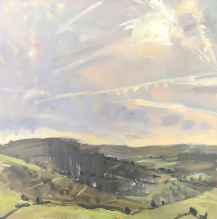 Teign Estuary Towards Dartmoor.   Paintings by Maria Rose. Oil on board.