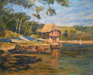 Old Boathouse, Bantham.   Paintings by Michael Bowman. Oil on canvas.