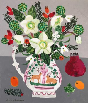 White Hellebores in Lustreware Jug.   Paintings by Vanessa Bowman. Oil on card.