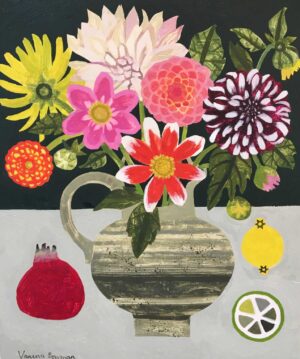 Dahlias & Pomegranates.   Paintings by Vanessa Bowman. Oil on board.
