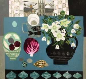 White Hellebores, Raddichio & Bird Eggs.   Paintings by Vanessa Bowman. Oil on card.