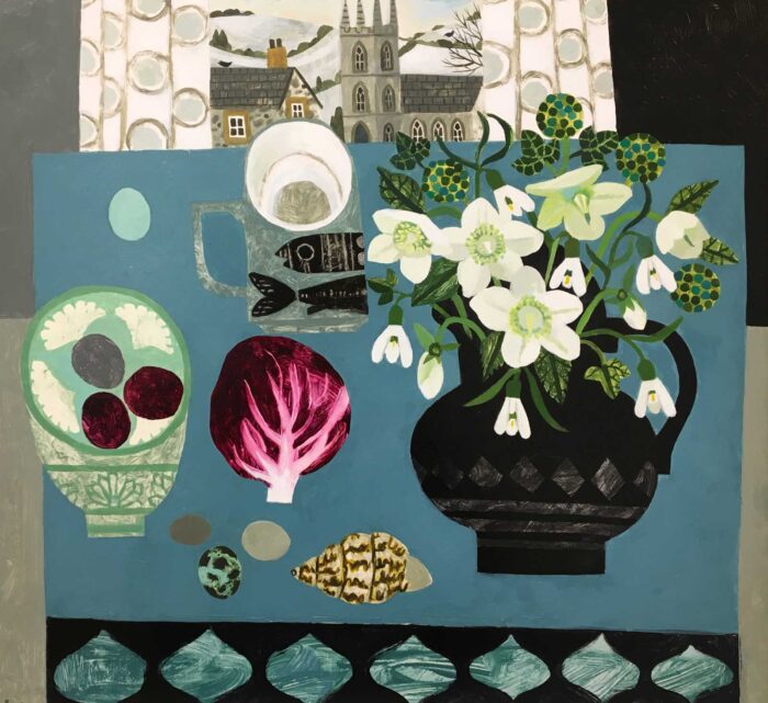 White Hellebores, Raddichio & Bird Eggs.   Paintings by Vanessa Bowman. Oil on card.