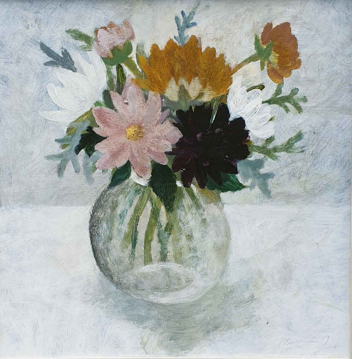 Dahlias II.   Paintings by Sarah Bowman. Oil on board.