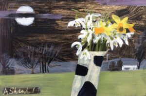 Spring Flowers, Evening.   Paintings by Arabella Shand. Oil on board.