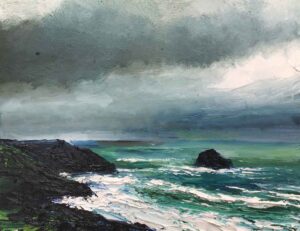 Gull Rock from Penhallic Point.   Paintings by David Morgan. Oil on board.