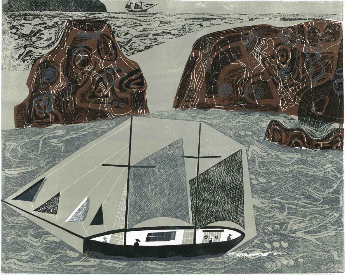 Finisterre Moderate to Fair. Seascape  Prints by Melvyn Evans. Linocut.