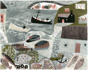 Leaving the Harbour. Seascape  Prints by Melvyn Evans. Linocut.