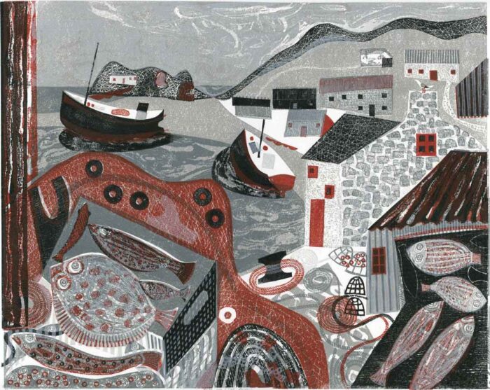 Leaving the Harbour. Seascape  Prints by Melvyn Evans. Linocut.