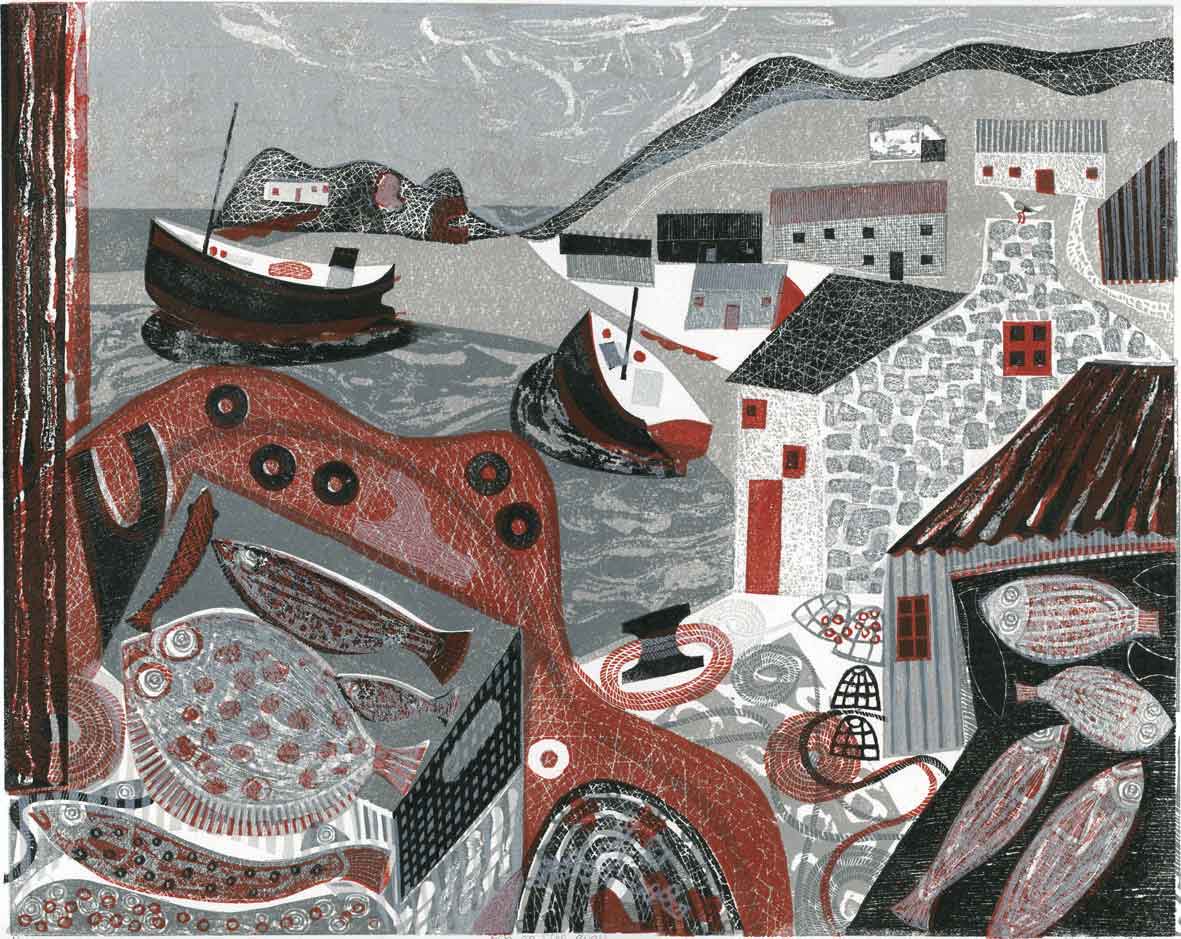 Leaving the Harbour. Seascape  Prints by Melvyn Evans. Linocut.